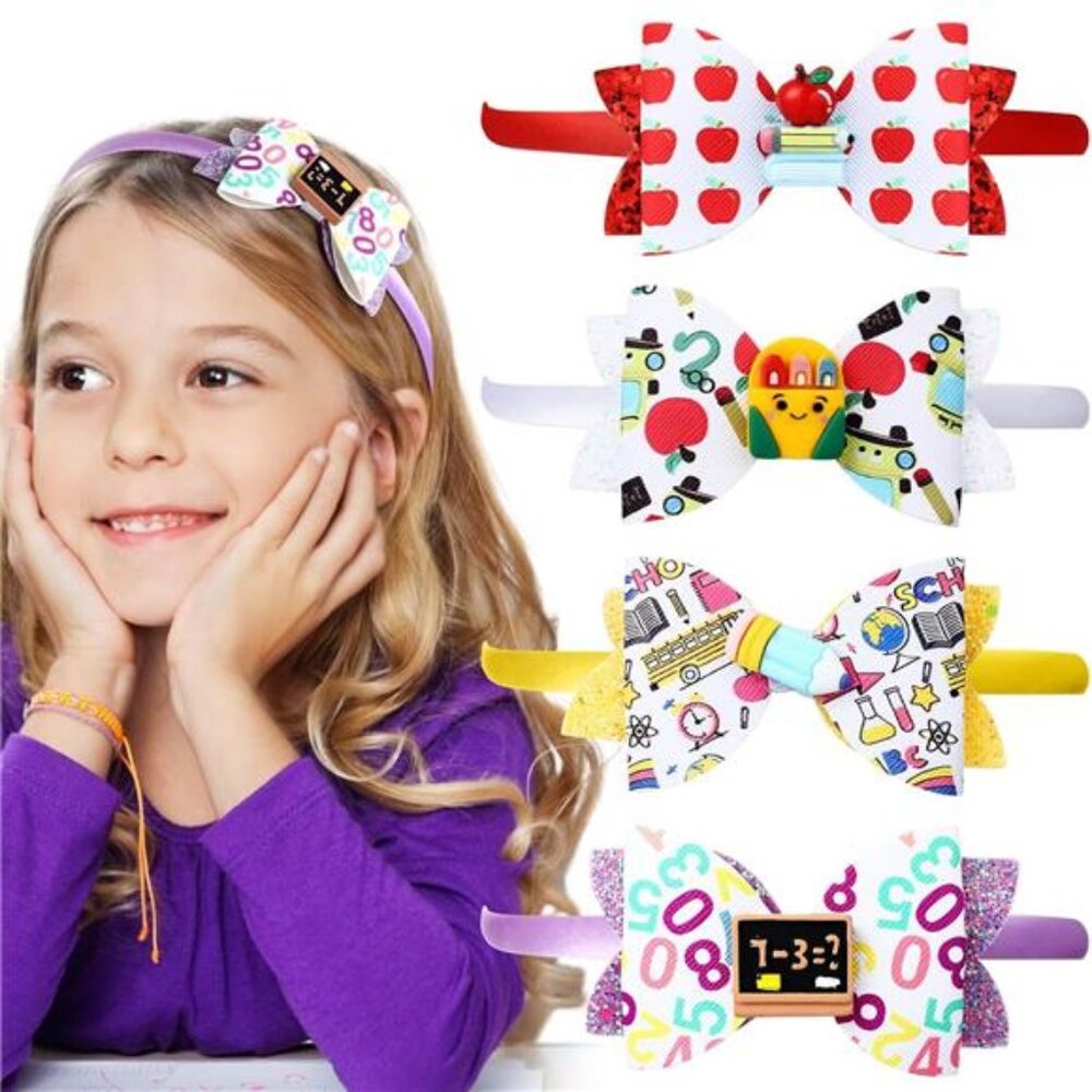 Kids 4 Pcs Multicolor Back to School‎ Headbands Hair Bows Back for Girls